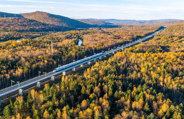 (261008) -- YICHUN, Oct. 8, 2026 (Xinhua) -- An aerial drone photo taken on Oct. 4, 2026 shows a bullet train of Harbin-Yichun high-speed railway running through forests in autumn scenery in Yichun, northeast China's Heilongjiang Province. The Harbin-Yichun high-speed railway, China's northernmost high-speed railway which officially entered service on Sept. 28, underlines the country's efforts to direct more transport infrastructure investment toward border areas, forest regions and less-developed regions, while helping boost development and prosperity in northeast China's border regions. (Photo by Li Jiaxing/Xinhua)