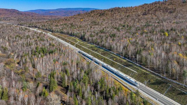 (261008) -- YICHUN, Oct. 8, 2026 (Xinhua) -- An aerial drone photo taken on Oct. 6, 2026 shows a bullet train of Harbin-Yichun high-speed railway running through forests in autumn scenery in Yichun, northeast China's Heilongjiang Province. The Harbin-Yichun high-speed railway, China's northernmost high-speed railway which officially entered service on Sept. 28, underlines the country's efforts to direct more transport infrastructure investment toward border areas, forest regions and less-developed regions, while helping boost development and prosperity in northeast China's border regions. (Photo by Yuan Yong/Xinhua)