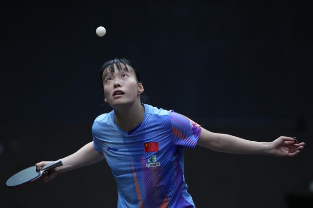(261008) -- BEIJING, Oct. 8, 2026 (Xinhua) -- Shi Xunyao of China serves during the women's singles round of 16 match between Wang Manyu of China and Shi Xunyao of China at 2026 World Table Tennis (WTT) China Smash in Beijing, China, Oct. 8, 2026. (Xinhua/Ju Huanzong)