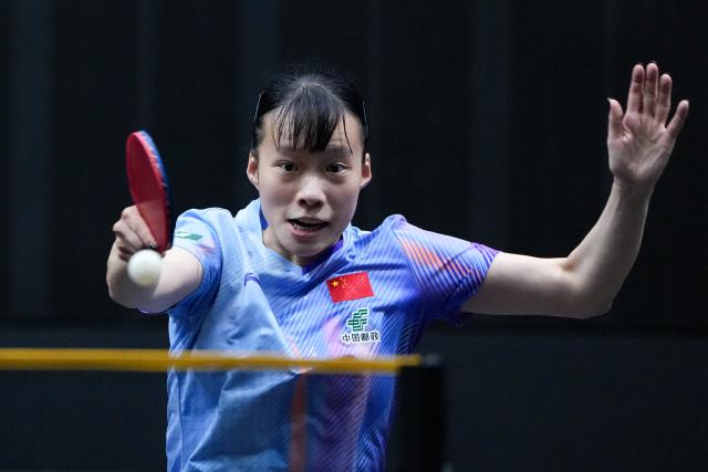 (261008) -- BEIJING, Oct. 8, 2026 (Xinhua) -- Shi Xunyao of China hits a return during the women's singles round of 16 match between Wang Manyu of China and Shi Xunyao of China at 2026 World Table Tennis (WTT) China Smash in Beijing, China, Oct. 8, 2026. (Xinhua/Ju Huanzong)