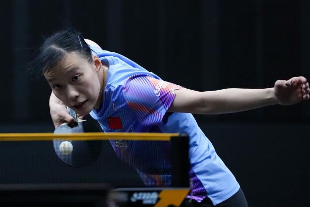 (261008) -- BEIJING, Oct. 8, 2026 (Xinhua) -- Shi Xunyao of China serves during the women's singles round of 16 match between Wang Manyu of China and Shi Xunyao of China at 2026 World Table Tennis (WTT) China Smash in Beijing, China, Oct. 8, 2026. (Xinhua/Ju Huanzong)