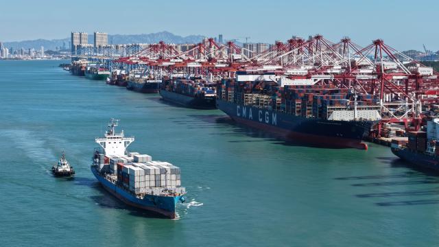 (261008) -- QINGDAO, Oct. 8, 2026 (Xinhua) -- A drone photo taken on Oct. 8, 2026 shows cargo ships docking at Qingdao Port in Qingdao, east China's Shandong Province. As an international shipping hub in Northeast Asia, Qingdao Port has been expanding its shipping network, adding 16 foreign trade routes so far this year. The port now operates nearly 240 foreign trade routes, connecting over 700 ports in over 180 countries and regions. (Xinhua/Li Ziheng)