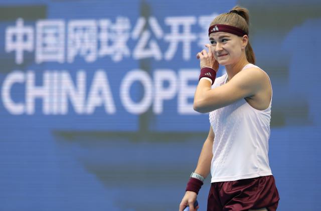 (261008) -- BEIJING, Oct. 8, 2026 (Xinhua) -- Karolina Muchova of the Czech Republic reacts during the women's singles quarterfinal match between Karolina Muchova of the Czech Republic and Nikola Bartunkova of the Czech Republic at 2026 China Open tennis tournament in Beijing, China, Oct. 8, 2026. (Xinhua/Zhang Chenlin)