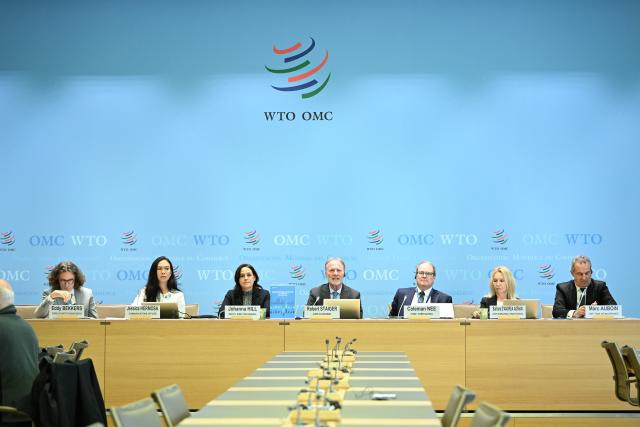 (261008) -- GENEVA, Oct. 8, 2026 (Xinhua) -- This photo taken on Oct. 8, 2026 shows a press conference at the headquarters of the World Trade Organization (WTO) in Geneva, Switzerland. WTO said on Thursday that global merchandise trade is expected to grow by 3.9 percent in 2026, up from its March forecast of 1.9 percent, driven by supply chain adaptation and strong investment in artificial intelligence (AI). (Xinhua/Lian Yi)