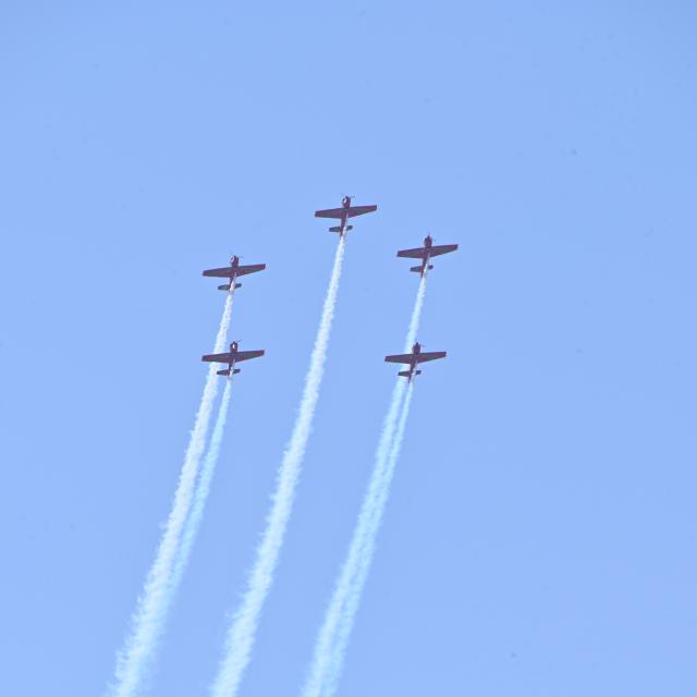 (261008) -- MARRAKECH, Oct. 8, 2026 (Xinhua) -- Aircraft are pictured during an aerobatic performance at the Marrakech Air Show 2026 in Marrakech, Morocco, on Oct. 8, 2026. The eighth edition of the Marrakech Air Show is being held at the Marrakech Royal Moroccan Air Force Base from Wednesday to Saturday. More than 200 aerospace and defense companies from 19 countries are participating in the event. (Photo by Aissa/Xinhua)