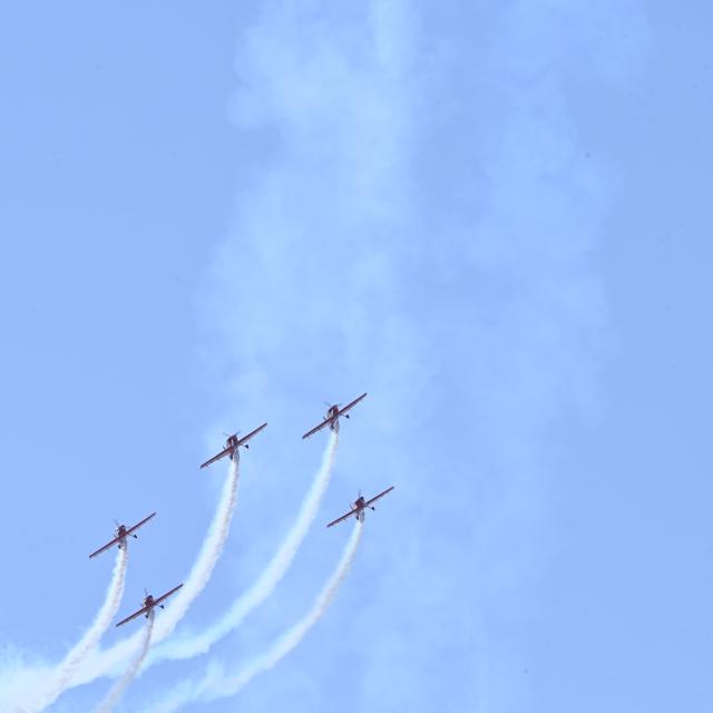 (261008) -- MARRAKECH, Oct. 8, 2026 (Xinhua) -- Aircraft are pictured during an aerobatic performance at the Marrakech Air Show 2026 in Marrakech, Morocco, on Oct. 8, 2026. The eighth edition of the Marrakech Air Show is being held at the Marrakech Royal Moroccan Air Force Base from Wednesday to Saturday. More than 200 aerospace and defense companies from 19 countries are participating in the event. (Photo by Aissa/Xinhua)