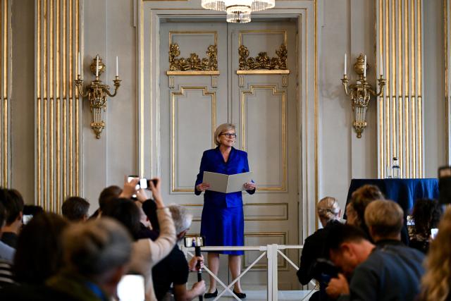 (261008) -- STOCKHOLM, Oct. 8, 2026 (Xinhua) -- The 2026 Nobel Prize in Literature is announced in Stockholm, Sweden, Oct. 8, 2026. Canadian writer Anne Carson has been awarded the 2026 Nobel Prize in Literature, becoming the second Canadian author ever to receive the honor, the Swedish Academy announced on Thursday. (Xinhua/Lyu You)