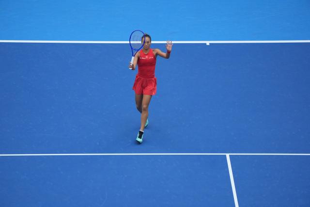 (261009) -- BEIJING, Oct. 9, 2026 (Xinhua) -- Zheng Qinwen of China reacts during the women's singles quarterfinal match between Zheng Qinwen of China and Elina Svitolina of Ukraine at 2026 China Open tennis tournament in Beijing, China, Oct. 9, 2026. (Xinhua/Xie Han)