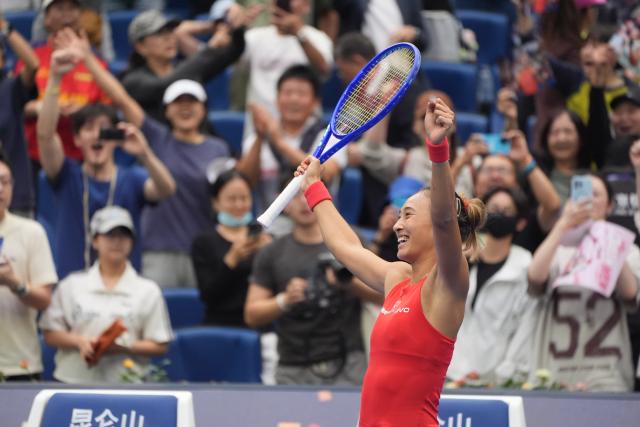 (261009) -- BEIJING, Oct. 9, 2026 (Xinhua) -- Zheng Qinwen celebrates after winning the women's singles quarterfinal match between Zheng Qinwen of China and Elina Svitolina of Ukraine at 2026 China Open tennis tournament in Beijing, China, Oct. 9, 2026. (Xinhua/Xie Han)