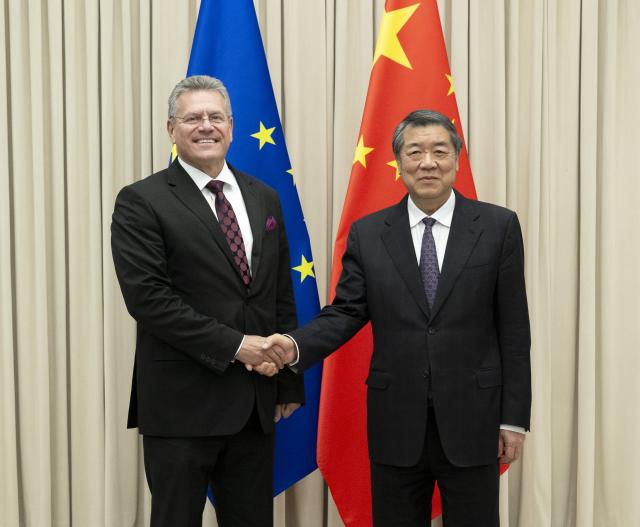 (261009) -- BEIJING, Oct. 9, 2026 (Xinhua) -- Chinese Vice Premier He Lifeng, also a member of the Political Bureau of the Communist Party of China Central Committee, meets with European Commissioner for Trade and Economic Security Maros Sefcovic in Beijing, capital of China, Oct. 9, 2026. (Xinhua/Tian Yu)