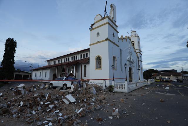 (261010) -- PANAMA CITY, Oct. 10, 2026 (Xinhua) -- This photo taken on Oct. 9, 2026 shows a bell tower of a church collapsed after a strong earthquake in Penonome, central Cocle Province of Panama. A powerful earthquake and a series of strong aftershocks rattled Panama on Friday, sending residents into the streets, disrupting water supplies and briefly halting flights as the government mobilized emergency personnel and resources.
  The University of Panama's Institute of Geosciences measured the initial quake at magnitude 7.2. It struck at 12:56 p.m. local time (1756 GMT) at a depth of 4 kilometers. By 5:30 p.m. local time, more than 40 earthquakes had been recorded, including over a dozen with magnitudes above 5.0. A quake at 3:25 p.m. had a magnitude of 6.9. (Photo by Daniel Gonzalez/Xinhua)