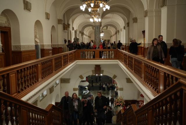 (261010) -- COPENHAGEN, Oct. 10, 2026 (Xinhua) -- Visitors tour the Danish parliament during Culture Night 2026 in Copenhagen, Denmark, Oct. 9, 2026. Copenhagen's annual Culture Night, launched in 1993, took place here on Friday night. Museums, libraries and public institutions opened their doors, offering visitors tours, performances and family activities across Copenhagen. (Photo by Liu Zhichao/Xinhua)