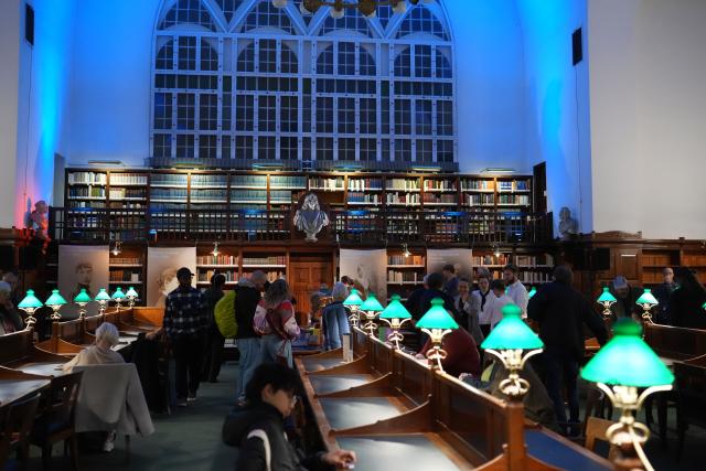 (261010) -- COPENHAGEN, Oct. 10, 2026 (Xinhua) -- Visitors explore the old reading room of the Royal Danish Library during Culture Night 2026 in Copenhagen, Denmark, Oct. 9, 2026. Copenhagen's annual Culture Night, launched in 1993, took place here on Friday night. Museums, libraries and public institutions opened their doors, offering visitors tours, performances and family activities across Copenhagen. (Photo by Liu Zhichao/Xinhua)