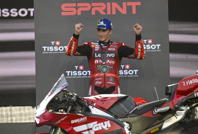 (261010) -- LOMBOK, Oct. 10, 2026 (Xinhua) -- Ducati Lenovo Team's Marc Marquez of Spain celebrates after winning the sprint race of MotoGP at Mandalika International circuit in Lombok, Indonesia, Oct. 10, 2026. (Xinhua/Zulkarnain)