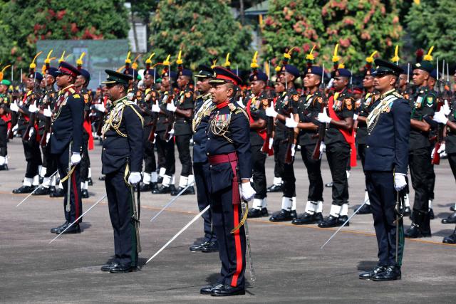 (261010) -- COLOMBO, Oct. 10, 2026 (Xinhua) -- Soldiers attend a ceremony marking the 77th anniversary of the Sri Lanka Army in Colombo, Sri Lanka, Oct. 10, 2026. The army was founded on Oct. 10, 1949. (Photo by Ajith Perera/Xinhua)
