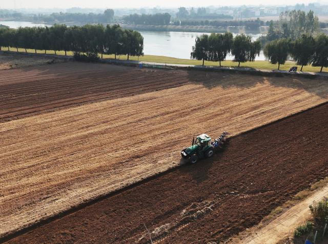 (261010) -- BEIJING, Oct. 10, 2026 (Xinhua) -- An aerial drone photo taken on Oct. 10, 2026 shows farm machinery working in the fields ahead of wheat sowing at Wuliyuan Village in Jiaozuo City, central China's Henan Province. As autumn sets in, farmers across China make the most of the farming season to work to ensure stable grain production. (Photo by Huang Fuxing/Xinhua)