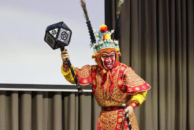 (261010) -- MASERU, Oct. 10, 2026 (Xinhua) -- Performer from China's Zhejiang Wu Opera Research Center performs on stage during a cultural event celebrating the 60th anniversary of Lesotho's independence in Maseru, Lesotho, Oct. 9, 2026. TO GO WITH "China's Wu Opera dazzles in Lesotho" (Photo by Silence Charumbira/Xinhua)