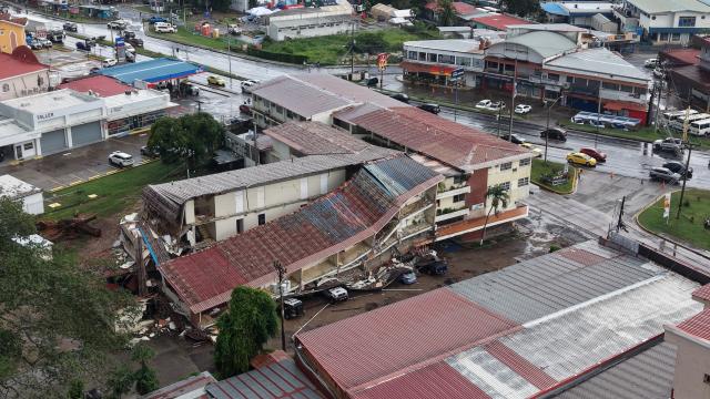 (261010) -- PENONOME, Oct. 10, 2026 (Xinhua) -- This aerial drone photo shows a damaged building after an earthquake in Penonome, central Cocle Province of Panama, Oct. 10, 2026. Panama declared a state of emergency on Saturday to coordinate relief efforts and assist communities affected by a powerful earthquake that struck the country Friday. (Xinhua/Li Jiaxu)
