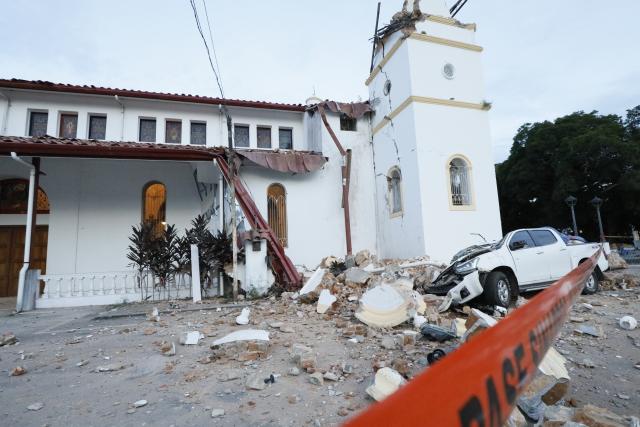 (261011) -- BEIJING, Oct. 11, 2026 (Xinhua) -- This photo taken on Oct. 9, 2026 shows a bell tower of a church collapsed after a strong earthquake in Penonome, central Cocle Province of Panama. (Photo by Daniel Gonzalez/Xinhua)