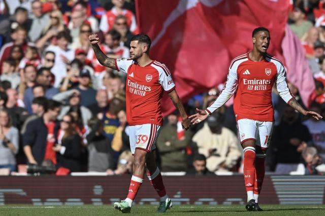 (261011) -- LONDON, Oct. 11, 2026 (Xinhua) -- Bruno Guimaraes (L) of Arsenal celebrates scoring the winning goal during the English Premier League match between Arsenal and Leeds United in London, Britain, on Oct. 10, 2026. (Xinhua)