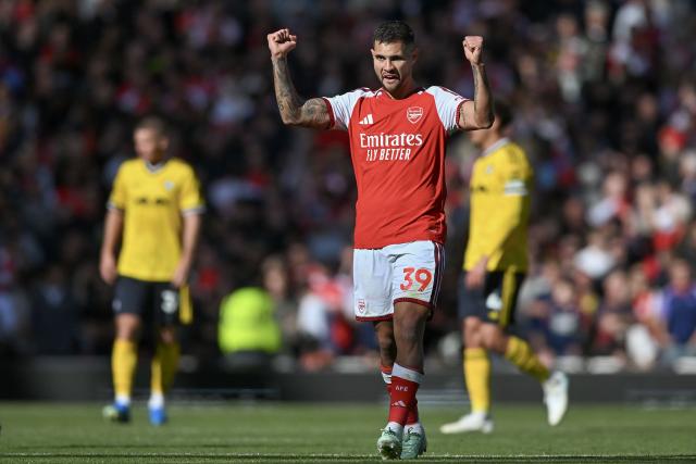 (261011) -- LONDON, Oct. 11, 2026 (Xinhua) -- Bruno Guimaraes of Arsenal celebrates scoring the winning goal during the English Premier League match between Arsenal and Leeds United in London, Britain, on Oct. 10, 2026. (Xinhua)