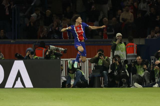 (261011) -- PARIS, Oct. 11, 2026 (Xinhua) -- Paris Saint-Germain's Maghnes Akliouche celebrates after scoring during the Ligue 1 football match between Paris Saint-Germain and Le Mans in Paris, France, Oct. 10, 2026. (Photo by Henri Szwarc/Xinhua)