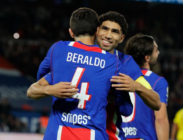 (261011) -- PARIS, Oct. 11, 2026 (Xinhua) -- Paris Saint-Germain's Lucas Beraldo (L) and Achraf Hakimi celebrate during the Ligue 1 football match between Paris Saint-Germain and Le Mans in Paris, France, Oct. 10, 2026. (Photo by Henri Szwarc/Xinhua)