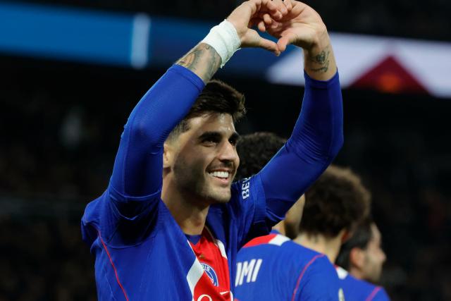 (261011) -- PARIS, Oct. 11, 2026 (Xinhua) -- Paris Saint-Germain's Lucas Beraldo celebrates after scoring during the Ligue 1 football match between Paris Saint-Germain and Le Mans in Paris, France, Oct. 10, 2026. (Photo by Henri Szwarc/Xinhua)