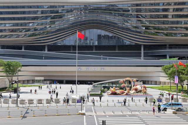 (261011) -- SHENZHEN, Oct. 11, 2026 (Xinhua) -- This photo taken on Oct. 11, 2026 shows an exterior view of the Huanggang Port in Shenzhen, south China's Guangdong Province.
  Huanggang Port will officially open and commence operation at 6:30 a.m. on Oct. 12, allowing passengers to travel between Shenzhen and Hong Kong. (Xinhua/Liang Xu)