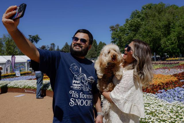 (261011) -- CANBERRA, Oct. 11, 2026 (Xinhua) -- People take selfies with a dog at "Dogs' Day Out" event during the Floriade flower festival in Canberra, Australia, on Oct. 11, 2026.
  The Floriade flower festival here held its "Dogs' Day Out" event on Sunday, marking the conclusion of this year's spring welcoming festivity. (Photo by Chu Chen/Xinhua)