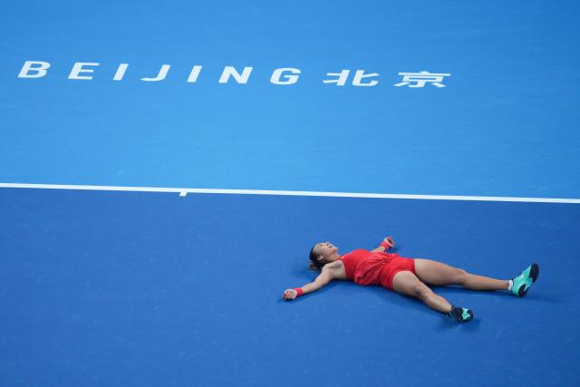(261011) -- BEIJING, Oct. 11, 2026 (Xinhua) -- Zheng Qinwen celebrates victory after the women's singles final between Zheng Qinwen of China and Mirra Andreeva of Russia at 2026 China Open tennis tournament in Beijing, China, Oct. 11, 2026. (Xinhua/Ju Huanzong)