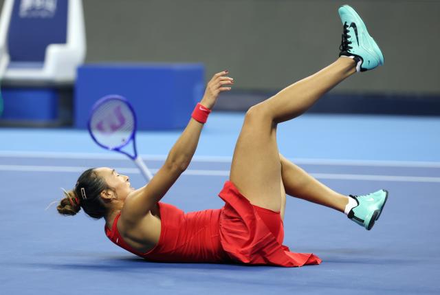 (261011) -- BEIJING, Oct. 11, 2026 (Xinhua) -- Zheng Qinwen celebrates victory after the women's singles final between Zheng Qinwen of China and Mirra Andreeva of Russia at 2026 China Open tennis tournament in Beijing, China, Oct. 11, 2026. (Xinhua/Zhang Chenlin)