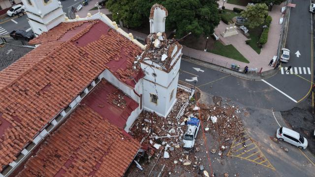 (261012) -- BEIJING, Oct. 12, 2026 (Xinhua) -- A drone photo taken on Oct. 10, 2026 shows a church damaged in an earthquake in Penonome, Panama. Panama declared a state of emergency on Saturday to coordinate relief efforts and assist communities affected by a powerful earthquake that struck the country Friday. (Xinhua/Li Jiaxu)