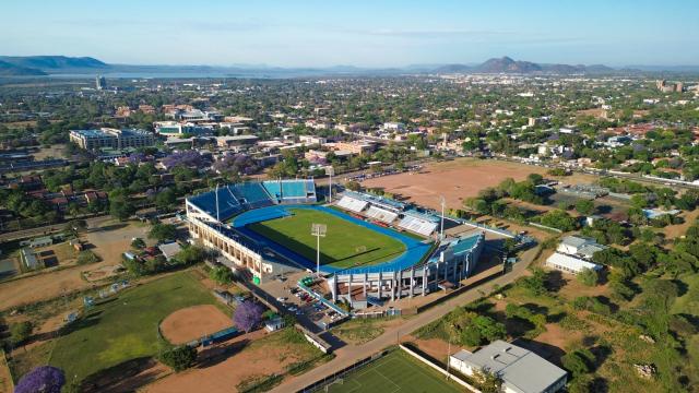 (261012) -- GABORONE, Oct. 12, 2026 (Xinhua) -- An aerial drone photo taken on Oct. 9, 2026 shows a view of Botswana National Stadium in Gaborone, Botswana. Gaborone, the capital and the largest city of Botswana, serves as the country's political, economic, cultural and financial center. (Xinhua/Chen Wei)
