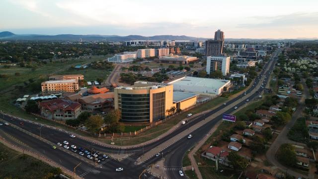 (261012) -- GABORONE, Oct. 12, 2026 (Xinhua) -- An aerial drone photo taken on Oct. 9, 2026 shows a view of Gaborone, Botswana. Gaborone, the capital and the largest city of Botswana, serves as the country's political, economic, cultural and financial center. (Xinhua/Chen Wei)
