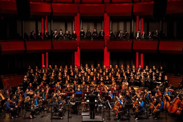 (261012) -- NEW YORK, Oct. 12, 2026 (Xinhua) -- Artists perform the symphonic oratorio Men of Iron and the Golden Spike during the ninth China Now Music Festival at Lincoln Center in New York, the United States, Oct. 11, 2026. The ninth China Now Music Festival concluded Sunday at Lincoln Center in New York City with a concert showcasing the resilience and aspirations that connect the American and Chinese peoples. (Photo by Zack Zhang/Xinhua)