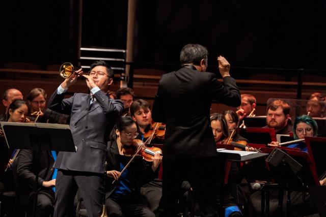 (261012) -- NEW YORK, Oct. 12, 2026 (Xinhua) -- Artists perform symphonic suite Chasing the Sky during the ninth China Now Music Festival at Lincoln Center in New York, the United States, Oct. 11, 2026. The ninth China Now Music Festival concluded Sunday at Lincoln Center in New York City with a concert showcasing the resilience and aspirations that connect the American and Chinese peoples. (Photo by Zack Zhang/Xinhua)