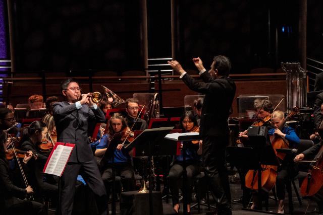 (261012) -- NEW YORK, Oct. 12, 2026 (Xinhua) -- Artists perform symphonic suite Chasing the Sky during the ninth China Now Music Festival at Lincoln Center in New York, the United States, Oct. 11, 2026. The ninth China Now Music Festival concluded Sunday at Lincoln Center in New York City with a concert showcasing the resilience and aspirations that connect the American and Chinese peoples. (Photo by Zack Zhang/Xinhua)