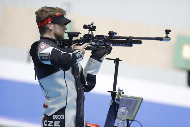 (261013) -- CAIRO, Oct. 13, 2026 (Xinhua) -- Jiri Privratsky of the Czech Republic competes during the 10m air rifle men's final of shooting at the 2026 ISSF World Championship Rifle/Pistol in Cairo, Egypt, on Oct. 12, 2026. (Xinhua/Ahmed Gomaa)