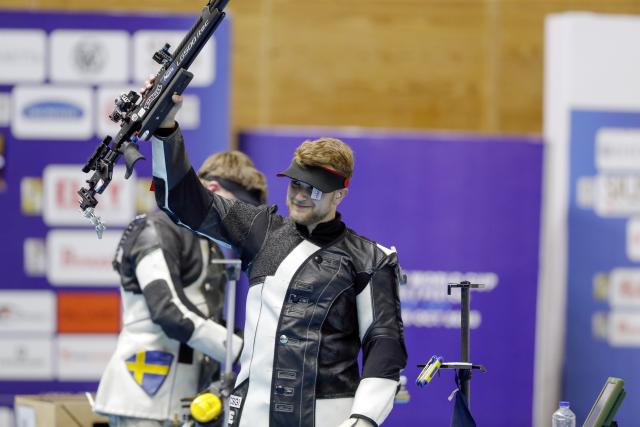 (261013) -- CAIRO, Oct. 13, 2026 (Xinhua) -- Jiri Privratsky of the Czech Republic reacts during the 10m air rifle men's final of shooting at the 2026 ISSF World Championship Rifle/Pistol in Cairo, Egypt, on Oct. 12, 2026. (Xinhua/Ahmed Gomaa)