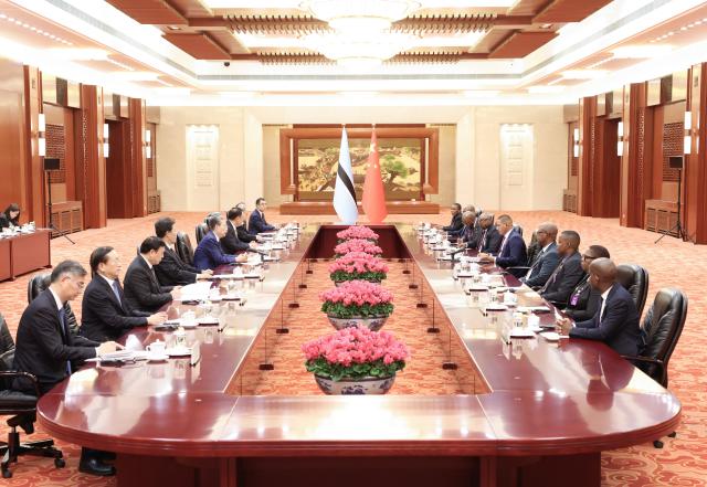 (261013) -- BEIJING, Oct. 13, 2026 (Xinhua) -- Zhao Leji, chairman of the National People's Congress Standing Committee, meets with Botswana's President Duma Gideon Boko in Beijing, capital of China, Oct. 13, 2026. (Xinhua/Pang Xinglei)