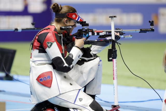 (261014) -- CAIRO, Oct. 14, 2026 (Xinhua) -- Norway's Jeanette Hegg Duestad competes during the 50m rifle three positions women's final at the International Shooting Sport Federation (ISSF) World Cup Rifle/Pistol in Cairo, Egypt, on Oct. 13, 2026. (Xinhua/Ahmed Gomaa)
