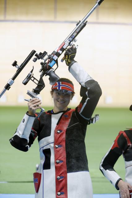 (261014) -- CAIRO, Oct. 14, 2026 (Xinhua) -- Norway's Jeanette Hegg Duestad reacts during the 50m rifle three positions women's final at the International Shooting Sport Federation (ISSF) World Cup Rifle/Pistol in Cairo, Egypt, on Oct. 13, 2026. (Xinhua/Ahmed Gomaa)