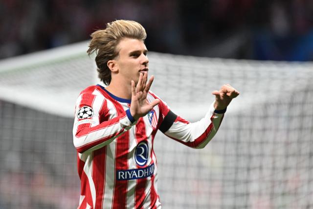(261014) -- MADRID, Oct. 14, 2026 (Xinhua) -- Pablo Barrios of Atletico Madrid celebrates during the UEFA Champions League League Stage football match between Atletico Madrid and Manchester United in Madrid, Spain, Oct. 13, 2026. (Xinhua/Cheng Min)
