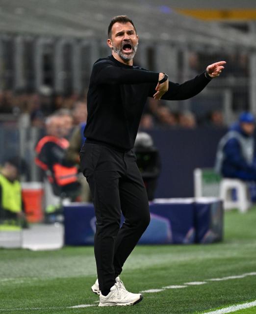 (261014) -- MILAN, Oct. 14, 2026 (Xinhua) -- Club Brugge's head coach Ivan Leko gestures during the UEFA Champions League League Stage football match between Inter Milan and Club Brugge in Milan, Italy, Oct. 13, 2026. (Photo by Augusto Casasoli/Xinhua)