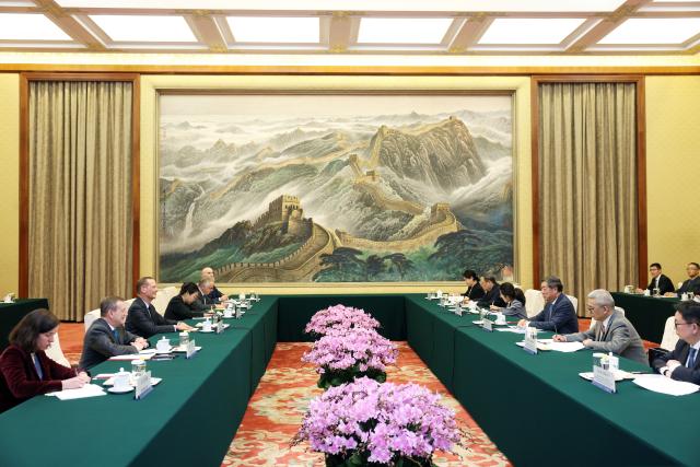 (261014) -- BEIJING, Oct. 14, 2026 (Xinhua) -- Chinese Vice Premier He Lifeng, also a member of the Political Bureau of the Communist Party of China Central Committee, meets with French President's Diplomatic Adviser Emmanuel Bonne at the Great Hall of the People in Beijing, capital of China, Oct. 13, 2026. (Xinhua/Liu Weibing)