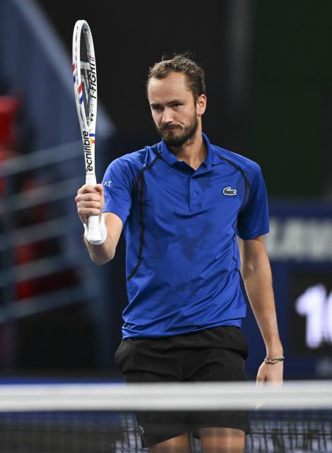 (261014) -- SHANGHAI, Oct. 14, 2026 (Xinhua) -- Daniil Medvedev of Russia reacts during the men's round of 16 match against Stefanos Tsitsipas of Greece at the 2026 ATP tour Shanghai Masters tennis tournament in Shanghai, China, Oct. 14, 2026. (Xinhua/Chen Haoming)