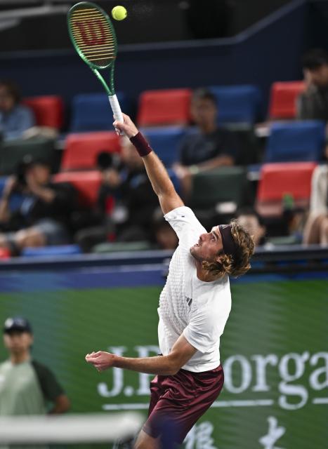 (261014) -- SHANGHAI, Oct. 14, 2026 (Xinhua) -- Stefanos Tsitsipas of Greece serves during the men's round of 16 match against Daniil Medvedev of Russia at the 2026 ATP tour Shanghai Masters tennis tournament in Shanghai, China, Oct. 14, 2026. (Xinhua/Chen Haoming)
