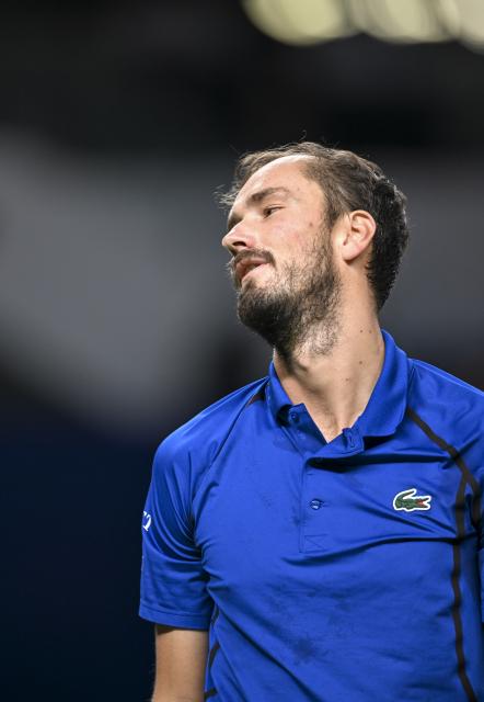 (261014) -- SHANGHAI, Oct. 14, 2026 (Xinhua) -- Daniil Medvedev of Russia reacts during the men's round of 16 match against Stefanos Tsitsipas of Greece at the 2026 ATP tour Shanghai Masters tennis tournament in Shanghai, China, Oct. 14, 2026. (Xinhua/Chen Haoming)