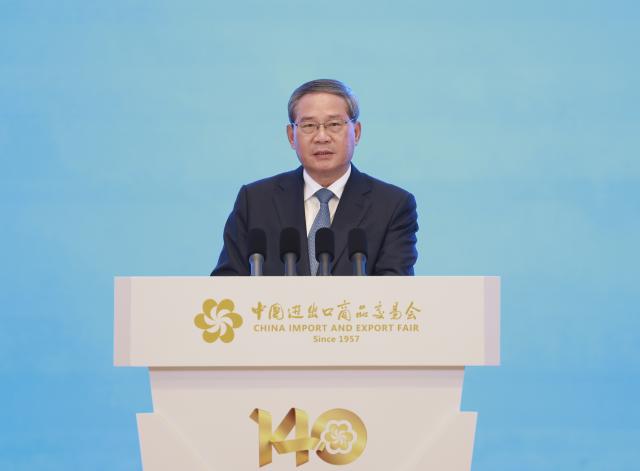 (261014) -- GUANGZHOU, Oct. 14, 2026 (Xinhua) -- Chinese Premier Li Qiang delivers a keynote speech at the opening ceremony of the 140th China Import and Export Fair, also known as the Canton Fair, in Guangzhou, south China's Guangdong Province, Oct. 14, 2026. (Xinhua/Ding Haitao)